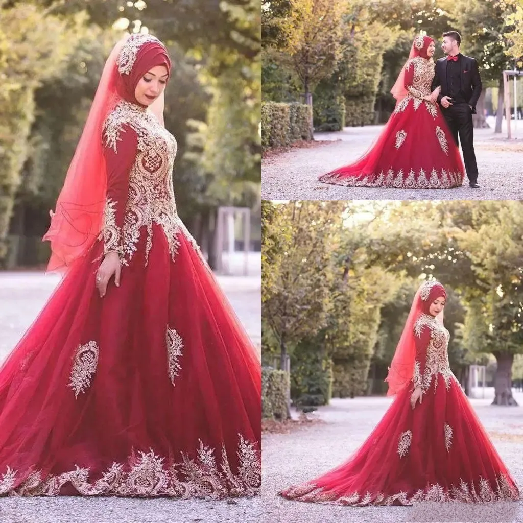 Muslim Wedding Dresses Red High Collar Gold Appliques Long Sleeve Tulle