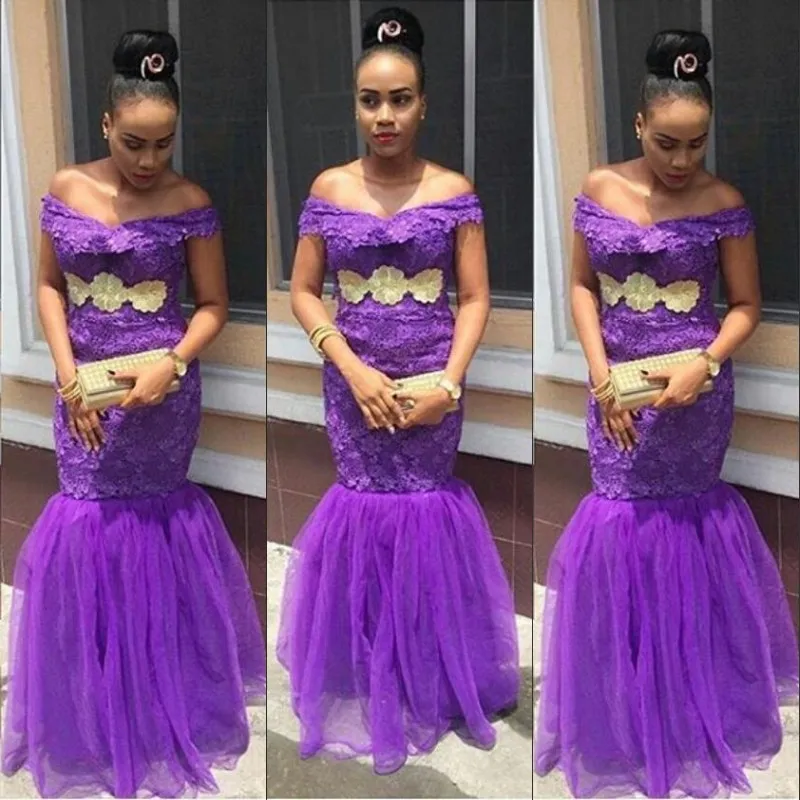Moda Off Ramię Prom Dresses Purple Lace Aplikacje Bez Rękawów Mermaid Prom Dress 2018 Aso-Ebi Styl Sexy Party Suknia Formalna Sukienka Tanie