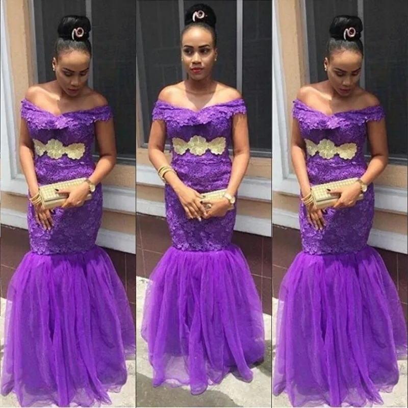 Mode Hors Épaule Robes De Bal Pourpre Dentelle Appliques Sans Manches Sirène Robe De Bal 2018 Aso-Ebi Style Sexy Robe De Soirée Robe Formelle Pas Cher