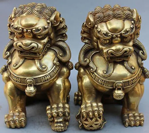 15 "Chinese Guardion Phylacter Bronze Foo Fu Dog Door Lion Ball Kid Coppia Statua