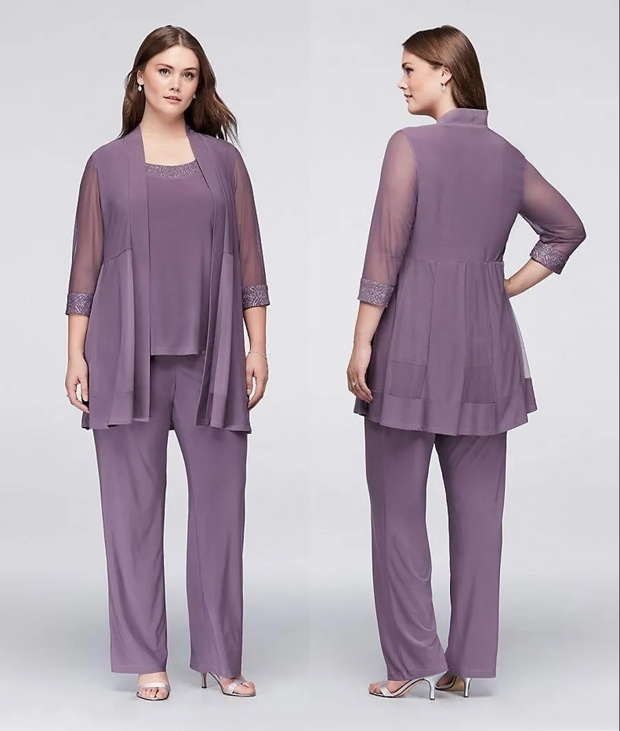 Drie Stukken Moeder Van De Bruid Broekpakken Met Jasjes Pailletten Bruiloftsgast Jurken Plus Size Chiffon Moederjurken HY4014