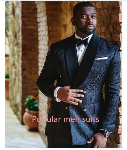 Custom Made Jacquard Suit Men 2018 Black Tuxedo Jacket 2 Piece Men Suits For Wedding Shawl Collar Mens Suits ( Jacket+Pants)
