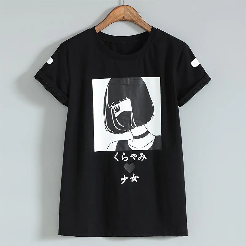 Harajuku japanska kvinnor tecknad t-shirts unika grafiska korta ärmar t-shirt vita tees kawaii gullig bomull skjorta droppe frakt