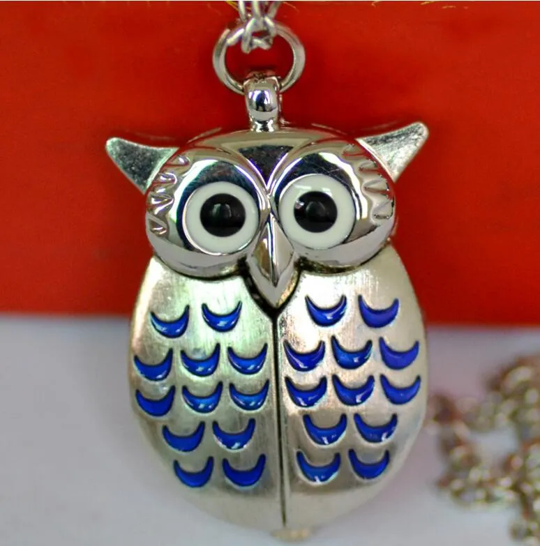 Partihandel 100st / Söt Vintage Night Owl Halsband Hängsmycke Quartz Pocket Watch Necklace Owl Klockor pw008