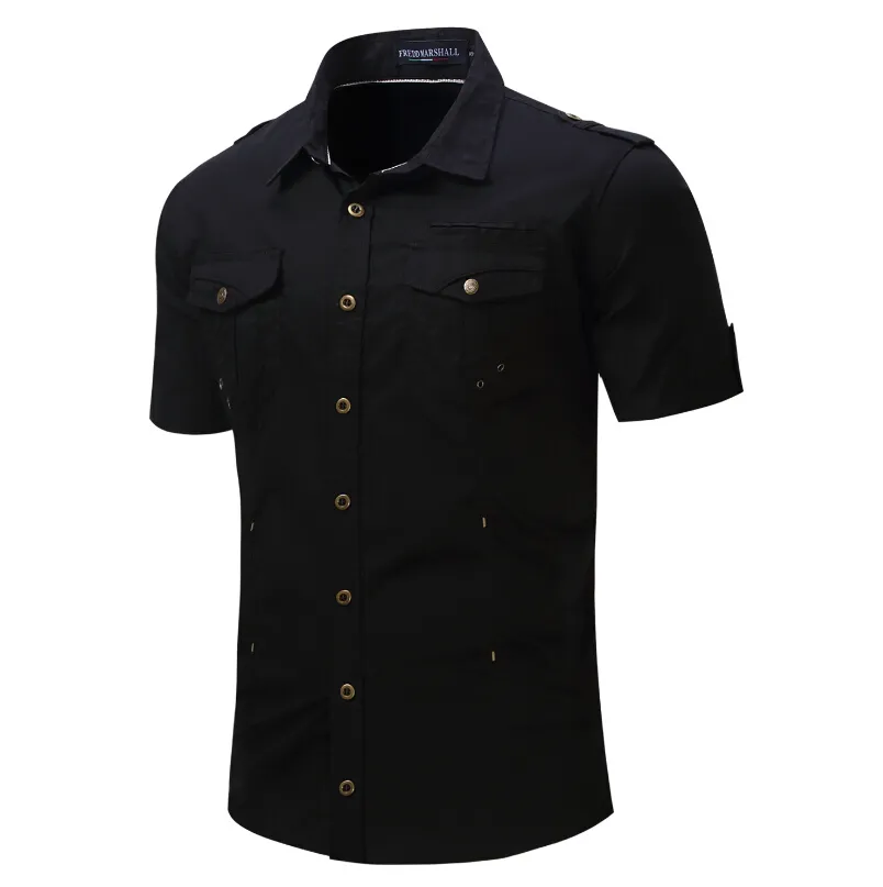Summer  Shirts Mens Casual Shirt Short Sleeved Khaki Black Grey Loose Tops Tees