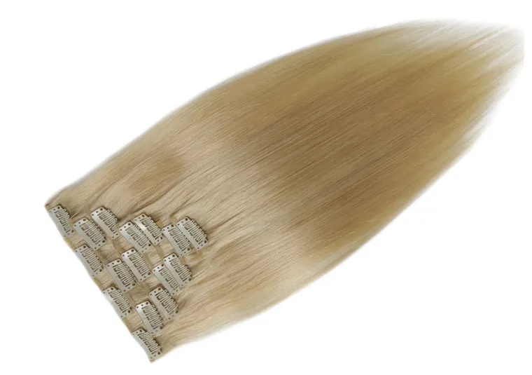 Prosty ludzki klip do włosów w blond przedłużanie kolor 613 7 szt. 100 g prawdziwy klip do włosów w przedłużaniach blond klips w Extension Hair4729769