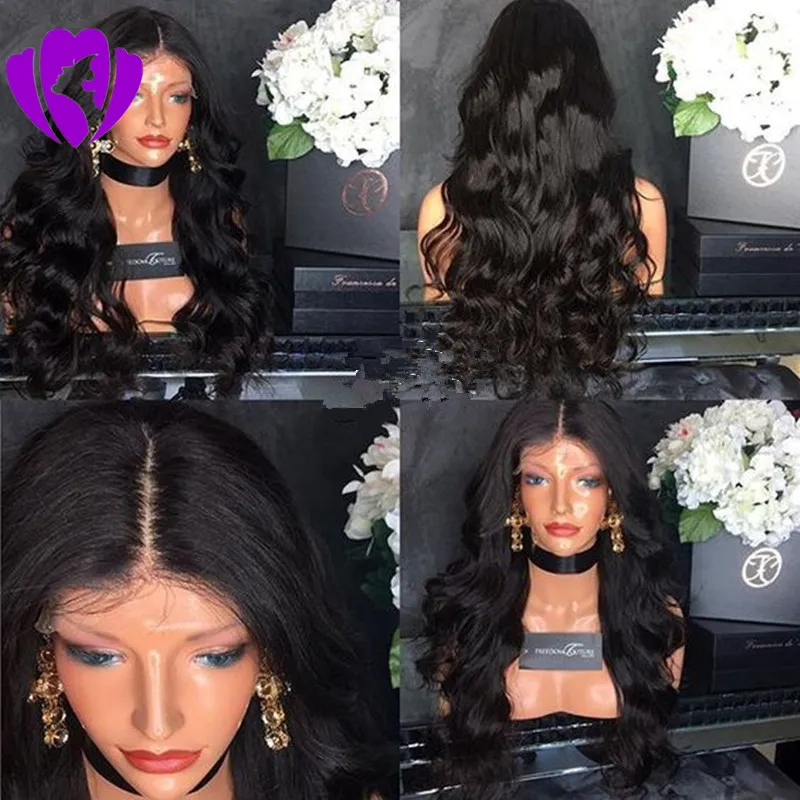 Middle Part Black Body Wave Syntetisk peruk Gluvlös värmebeständig fiber 180densitet spets fram syntetisk peruk med naturlig hårlinje för kvinna