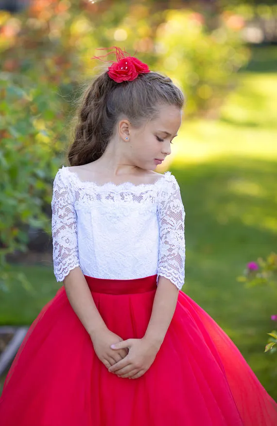 Vermelho branco princesa flor meninas vestidos bateau pescoço meia mangas rendas tule até o chão crianças casamento férias vestidos de festa 6043568