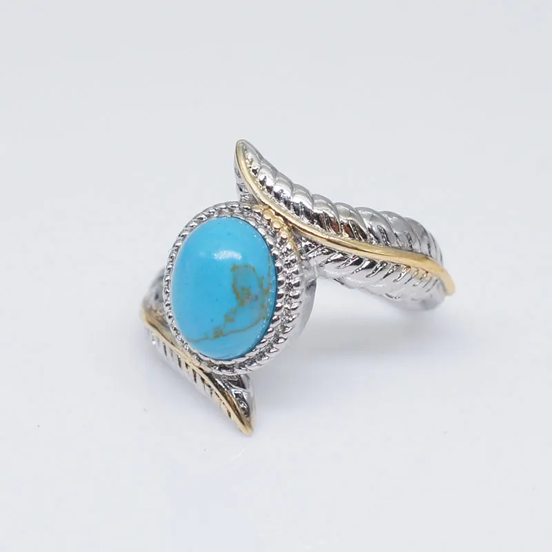 Contrast Kleur Silver Feather Turquoise Vrouwen Rings Fashion Jewelry Band Ring Gift Will en Sandy