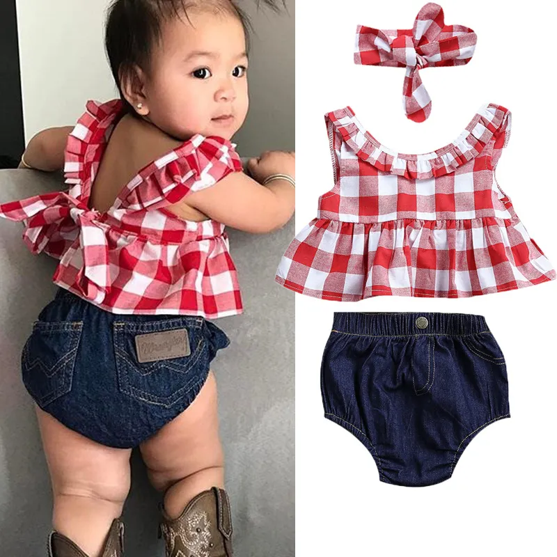 Ropa de bebé Ropa para niños Trajes para niñas recién nacidas 2018 Verano Infantil Lindo sin mangas Tops a cuadros + Calzoncillos de mezclilla + Diadema 3 piezas Conjunto para niñas