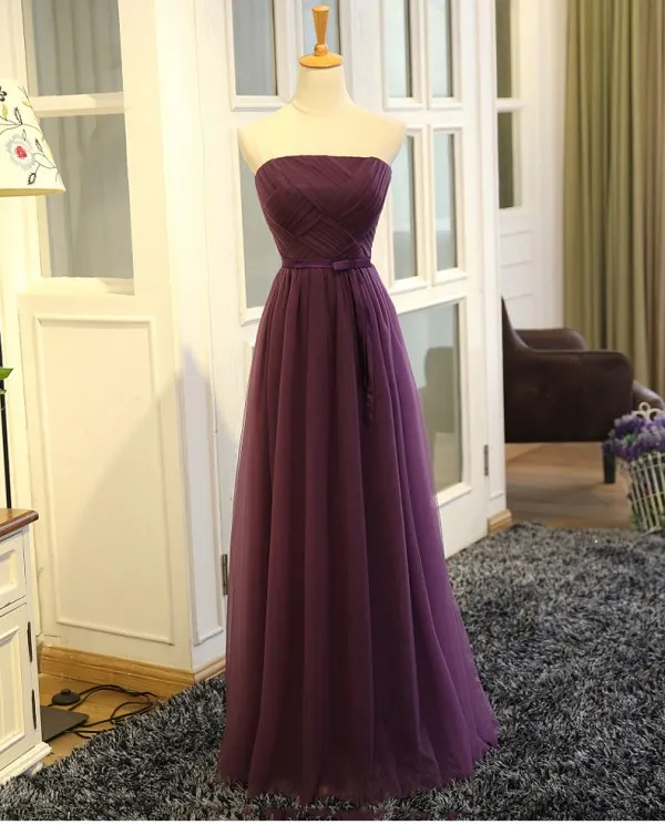Elegante prom jurk lange formele avond feestjes strapless mouwloze lace-up terug criss kruis ruches tule paarse avond feestjurk