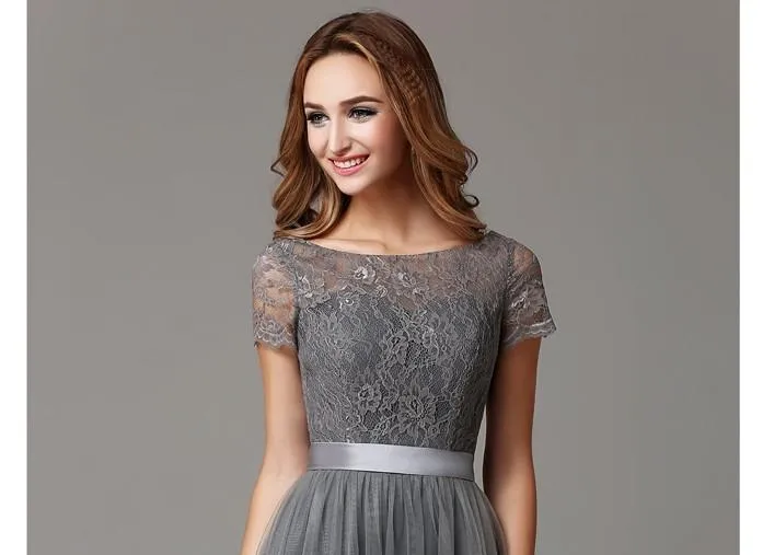 Modest Dark Grey Lace Tulle average bridesmaid Dress cost with Short Sleeves and Sheer Neckline - Floor Length Formal Wedding Party Dress HY4266 Modest Dark Grey Lace Tulle average bridesmaid Dress cost with Short Sleeves and Sheer Neckline - Floor Length Formal Wedding Party Dress HY4266
