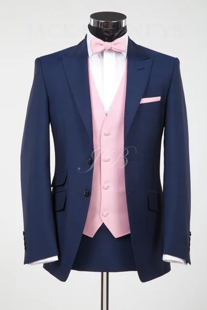Custom Design Navy Blue Groom Tuxedos Excellent Men Wedding Tuxedos Peak Lapel Two Button Men Business Party Suit(Jacket+Pants+Tie+Vest)1997