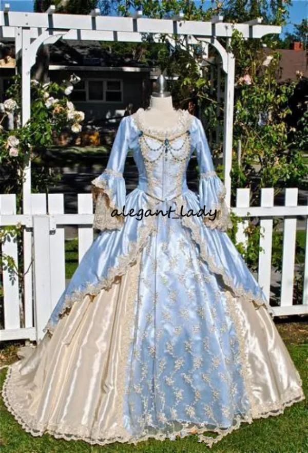 blue victorian wedding dress Vintage Victorian Gothic Bridal corset gown with Bell Sleeves and Appliques in Champagne Light Sky Blue