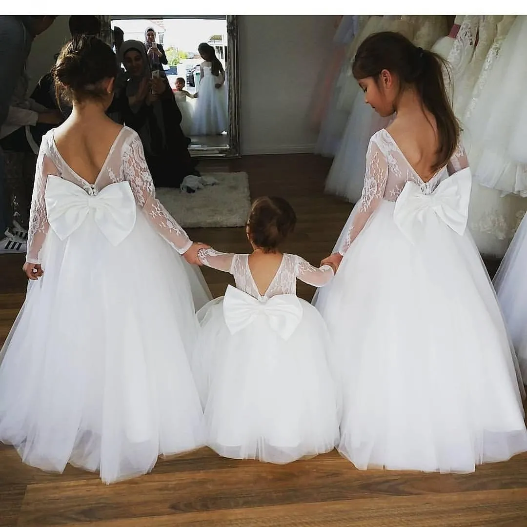 Open Back Flower Girls Dreses maniche lunghe pizzo festa comunione festa di compleanno spose ragazze della cameriera vestito avorio Flower Girl Dress