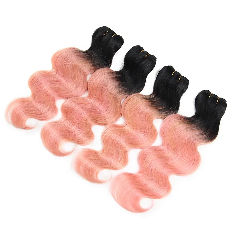 Rose Gold Human Hair Weaves With 4x4 Lace Stängning Två Tone 1B Rose Pink Body Wave Lace Closure med buntar European Virgin Hair