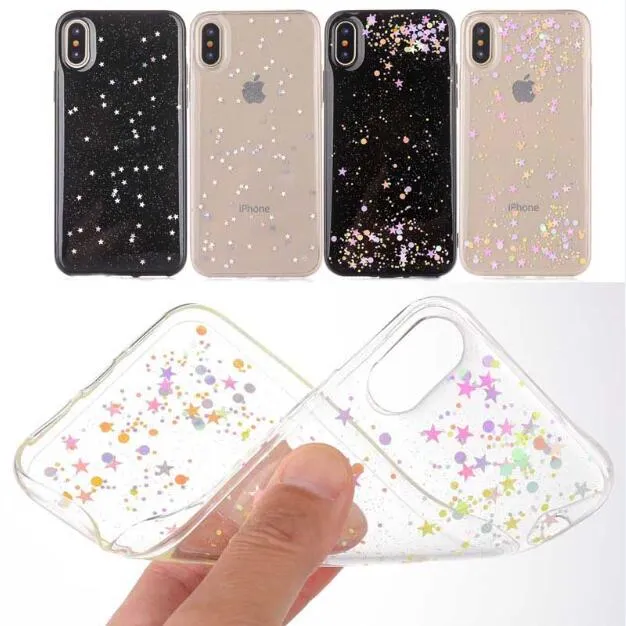 Époxy Glitter Bling Starry Star Clear Soft TPU Clear Case pour iPhone 11 Pro Max XR X XS 8 Plus Samsung S10 Plus