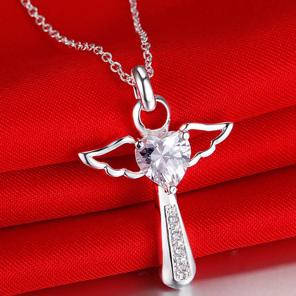 Hot Sale 925 Silver Plated Angel Wings Heart-shaped Cross Pendant Necklace with Zircon Fashion Women's Party Jewelry Christmas Gifts