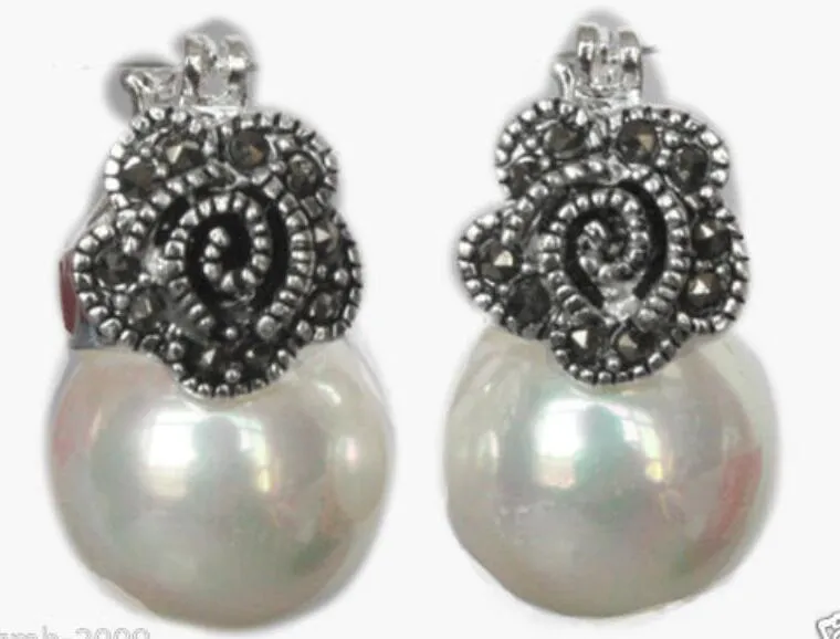 Lady's White 12mm Shell Pearl Koralik Kwiat Marcasite 925 Srebro Kolczyki