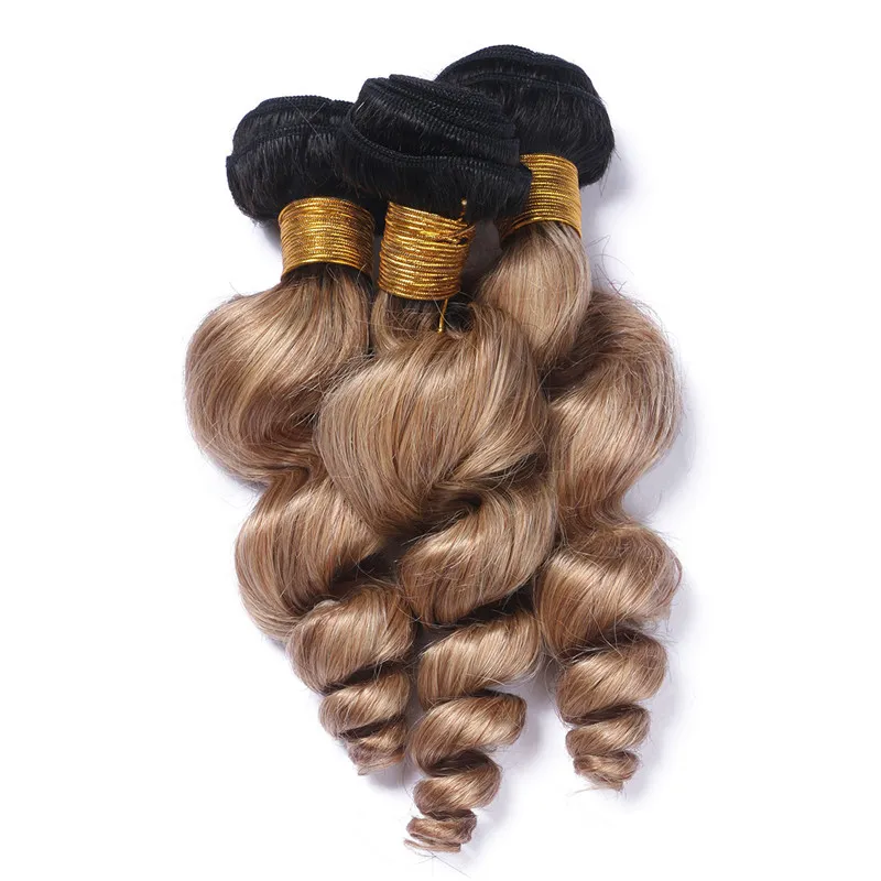 Ombre Miel Blonde Péruvienne Vierge Cheveux Humains Tisse Double Trames Vague Lâche 1B/27 Brun Clair Ombre Bundles De Cheveux Humains Offres 10-30