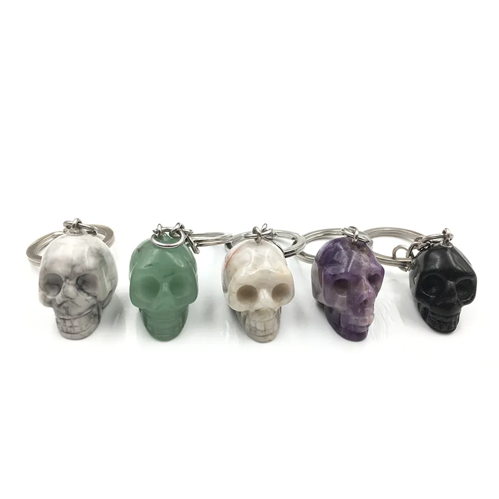 Dingsheng Natural Crystal Quartz Stone Skull Keychain Amethyst Howlite Turquoise Agate Obsidian Aventurine Key Ring Holder Skulls Pendant