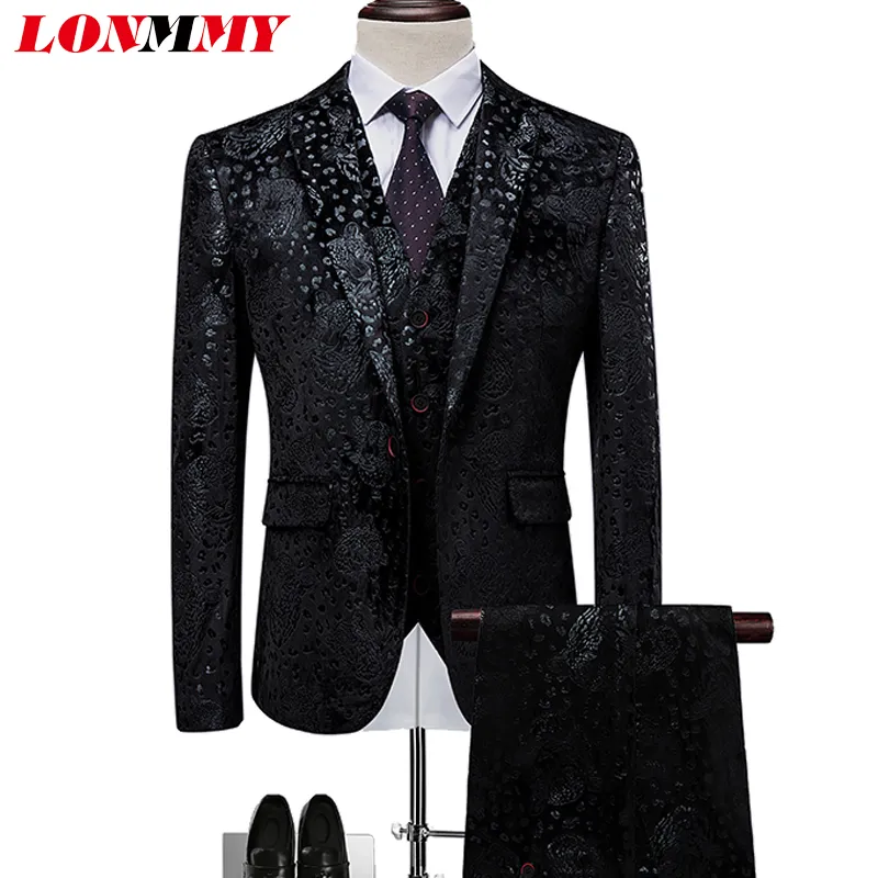 LONMMY Mens wedding suits blazer men's suits formal 3pieces Jacket+pants+vest Tuxedo Floral mens blazer waistcoat men slim 6XL
