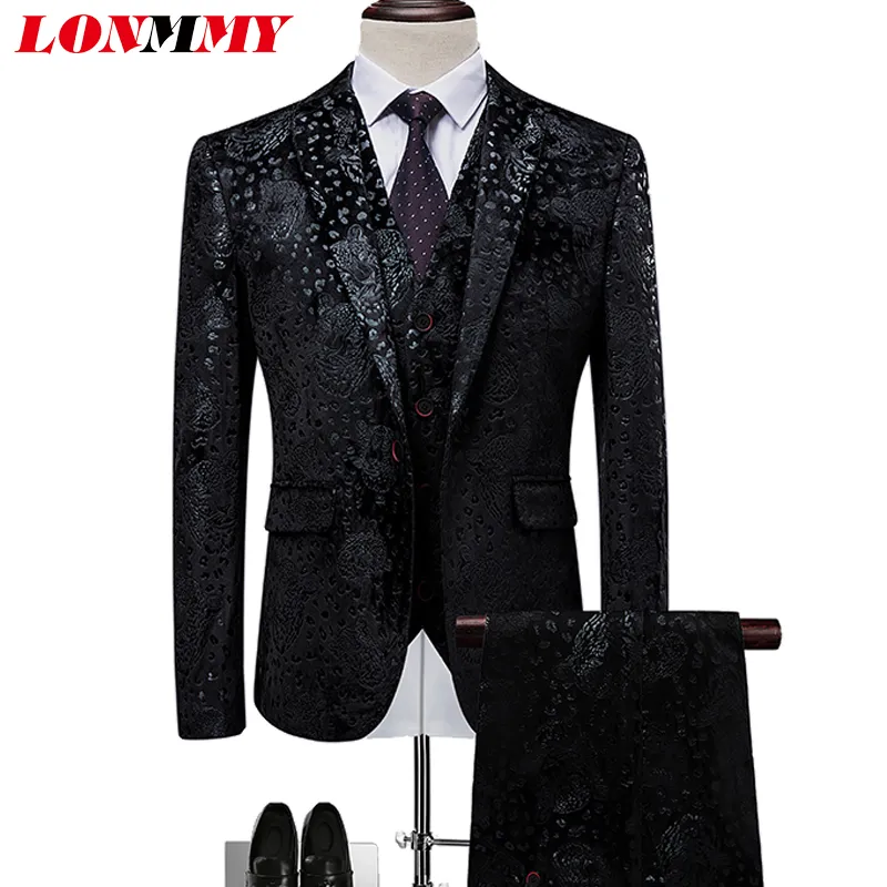 LONMMY Mens abiti da sposa blazer abiti da uomo formali 3 pezzi Giacca + pantaloni + gilet Tuxedo Floral mens blazer gilet uomo slim 6XL