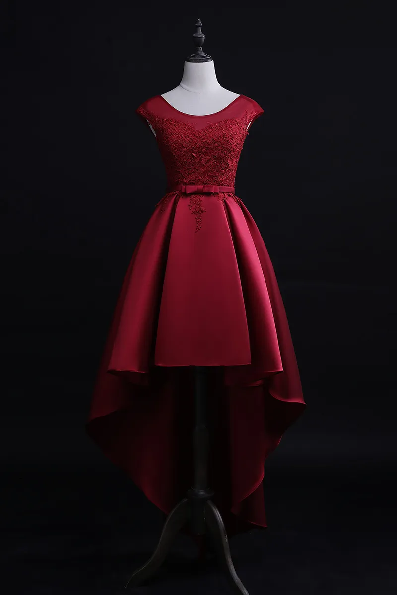 Image réelle rouge foncé 2018 robe de bal court devant long dos bijou dentelle appliques haute basse fête robe de graduation de retour 16 ans