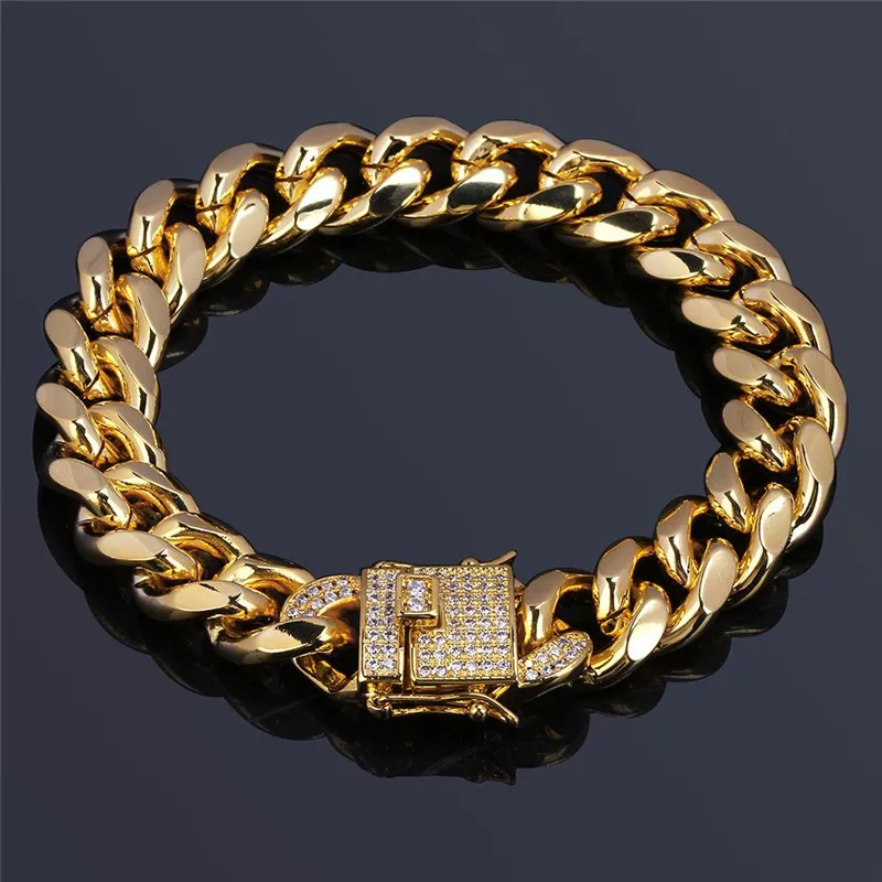 High quality shiny Micro inlay zircon titanium steel bracelet, 7-inch Hiphop men`s Hiphop silver gold bracelet