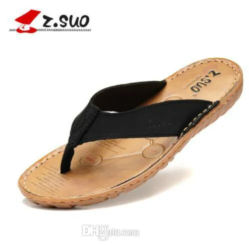 Z. Suo Mens Leather Flip Flops With Goosegrass Sole Waterproof 
