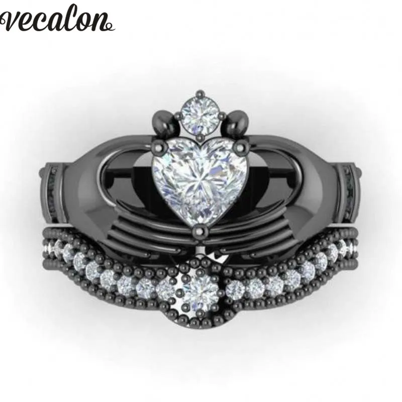 Vecalon Luxury Lovers bague claddagh 1ct Diamonique 5A Zircon Cz Or blanc rempli Bague de fiançailles de mariage Ensemble pour femmes hommes