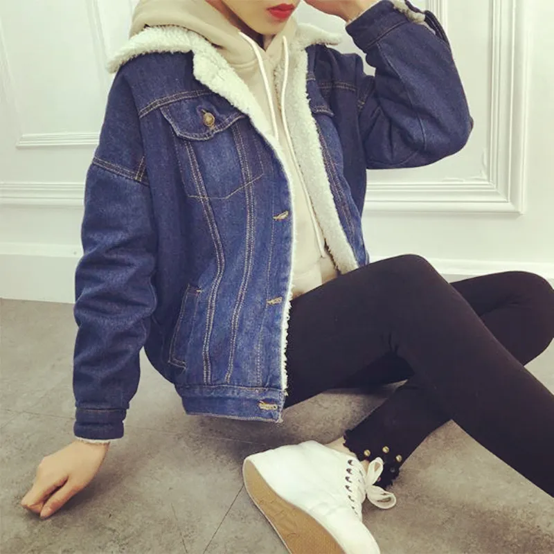 Winter Jacket Dames 2018 Casual denim jas met lange mouwen katoen sherpa beklede warme jeans jas uit het kader Jaqueta feminina plus maat