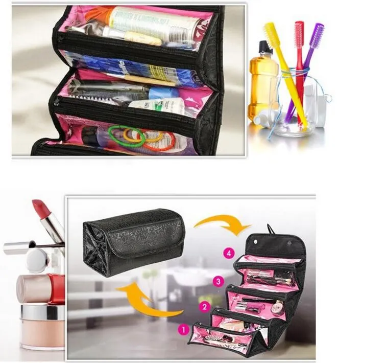 ROLL-N-GO Astuccio cosmetici Astuccio cosmetici Borsa trucco da donna Articoli da toeletta appesi Kit da viaggio Organizzatore di gioielli Custodia cosmetici pieghevole