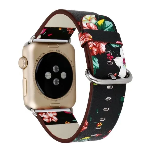 Blomstryckt läderklocka bandband för Apple Watch Flower Design Wrist Watch Armband för Iwatch 38mm 42mm