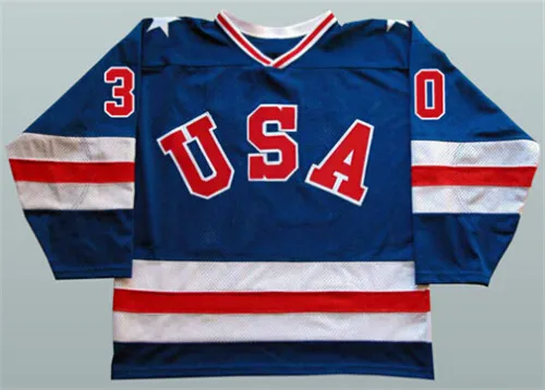 1980 USA Hockey 21 Mike Eruzione Jersey Heren Blauw Wit 30 Jim Craig 17 Jack Ocallahan Jerseys Borduren en naaien Groothandel en detailhandel