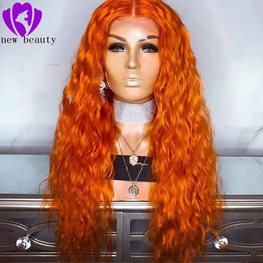 Nuevo estilo de la parte media cosplay peluca frontal de encaje sintético de color naranja con pelo de bebé pre arrancado pelucas brasileñas rizadas sueltas rizadas 10-30 pulgadas
