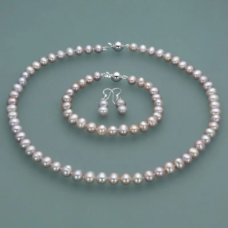 Magnifique collier de perles de culture d'eau douce naturelles violettes, 8-9mm, 45-19cm, bracelet, boucles d'oreilles, ensemble de bijoux à la mode