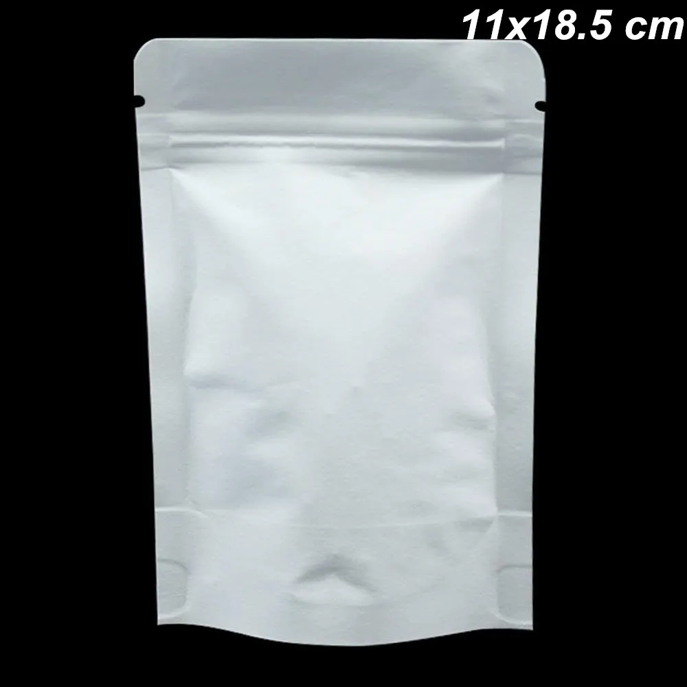 White 11x18.5cm Stand Up Mylar Foil Zipper Lock Packaging Bag Kraft Paper Resealable Aluminum Foil Smell Proof Food Pouch With Tear Notches