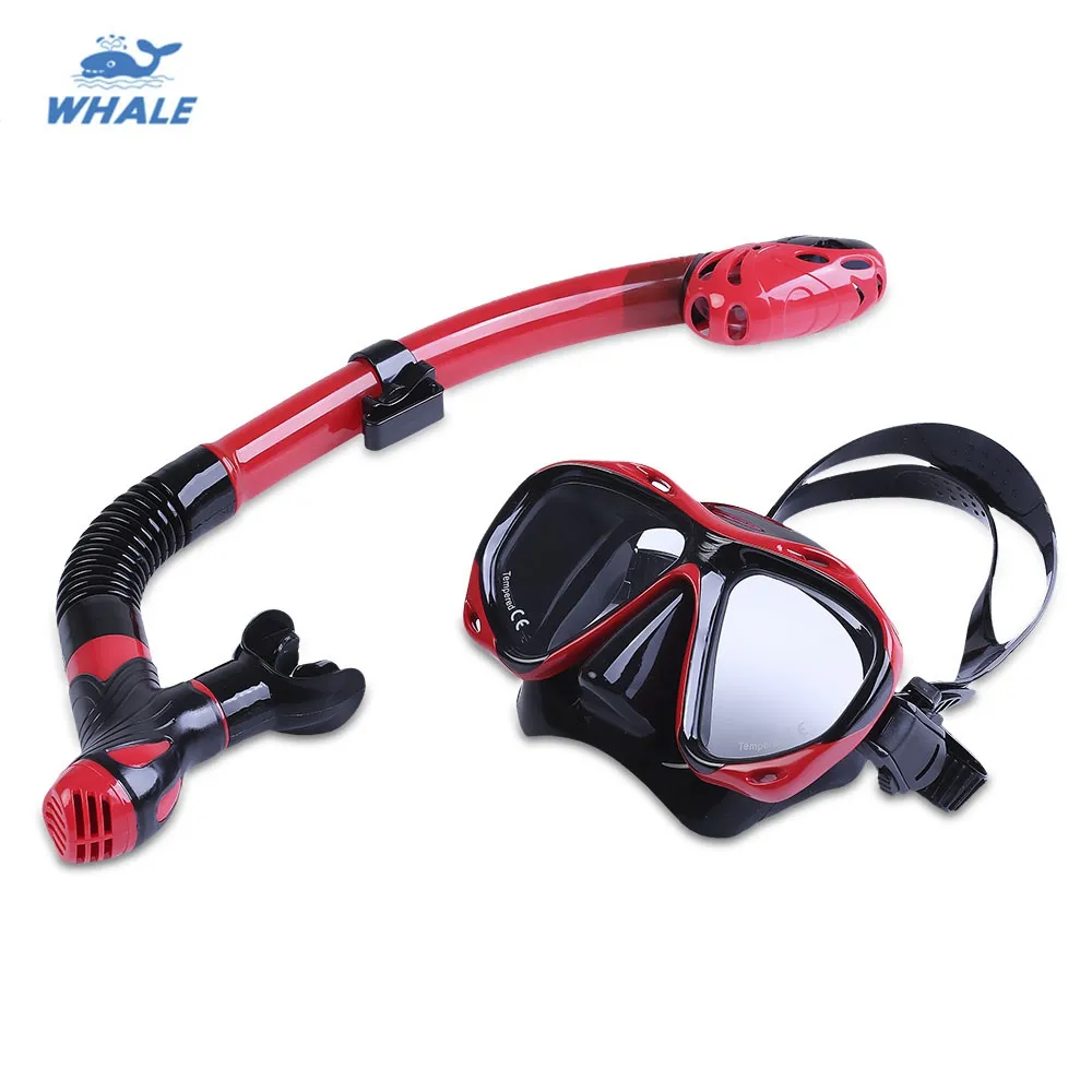WHALE Professional Diving Water Sports Training Snorkeling Silicone Mask Snorkel Glasses Set Dry top eliminates water entry when submerged