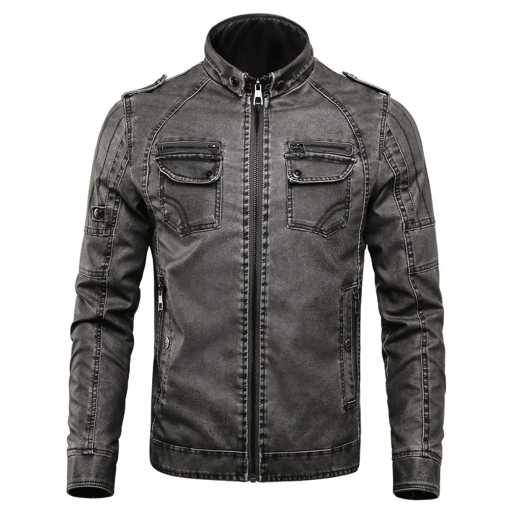 New Winter Jacket Men Stand Collar Leather Jackets Plus Velvet Washed Retro Pu Leather Jacket Mens Thicken Warm Coats Plus Size