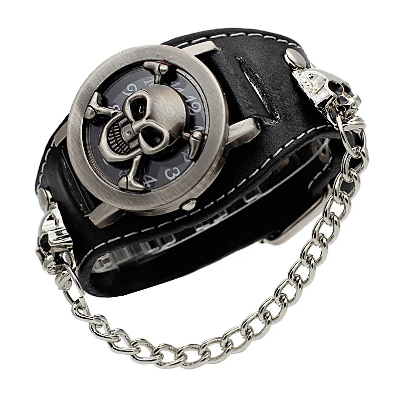 cover stereoscopic hollow Black Punk Rock Chain Skull Skeleton Orologi Uomo Donna Bracciale Polsino Orologio da polso gotico Orologio da polso in pelle di moda