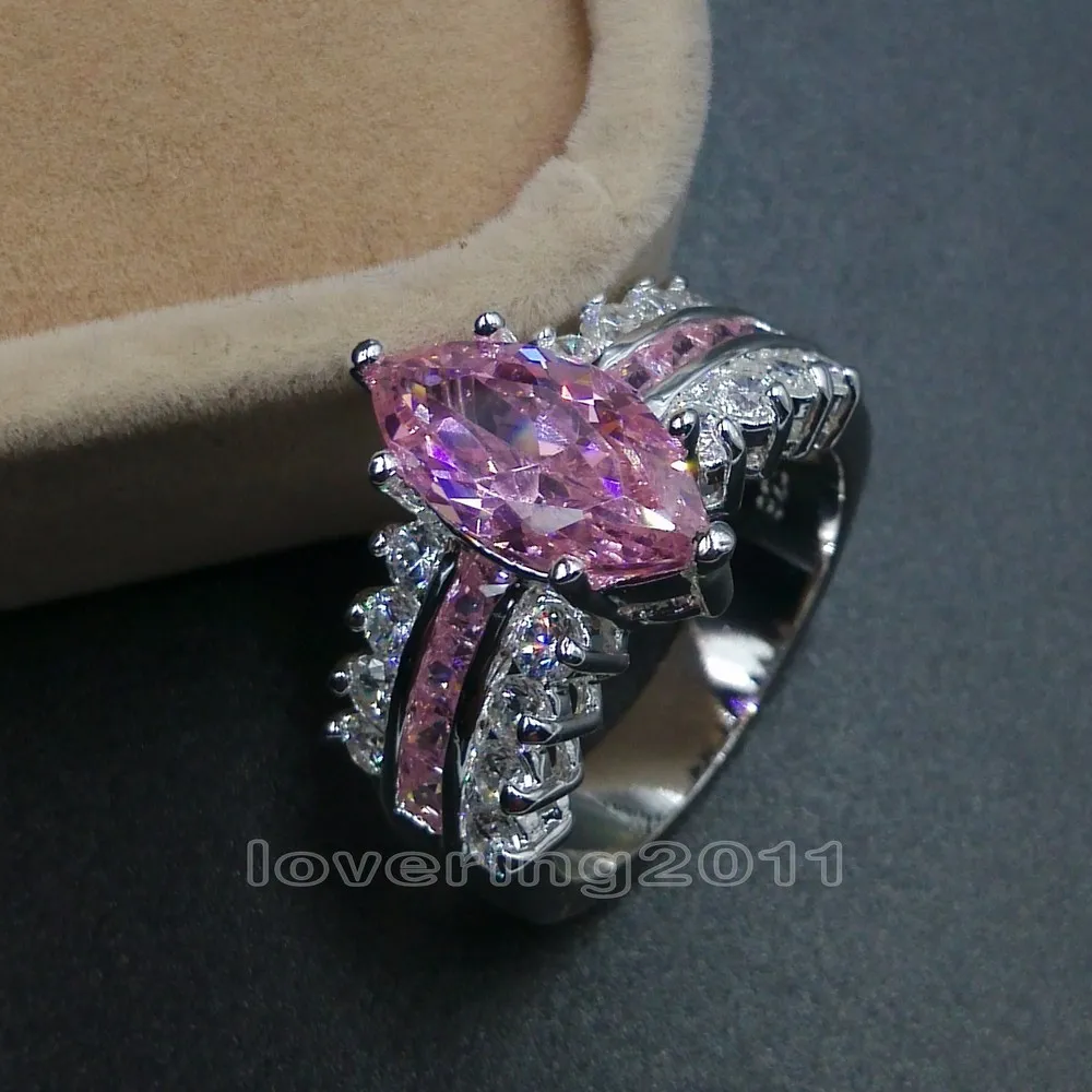 Choucong Classic Jewelry Marquise Cut Pink stone 5A Zircon stone 925 silver Wedding Band Ring Set Sz 5-11 Gift