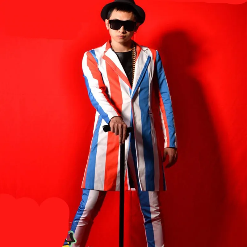 Rosso bianco blu a strisce da uomo vestito maschio cantante ballerino stella nightclub bar palcoscenico spettacolo dj ds costumi ball giacca lunga rivestimento pantaloni pantaloni set