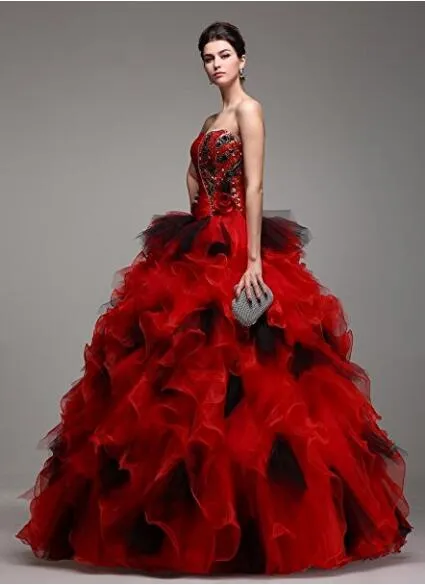 Robe de mariée robe de bal rouge et noire en couleurs cristaux perlés volants jupe princesse corset dos robes de mariée non blanches en ligne sur mesure Mad