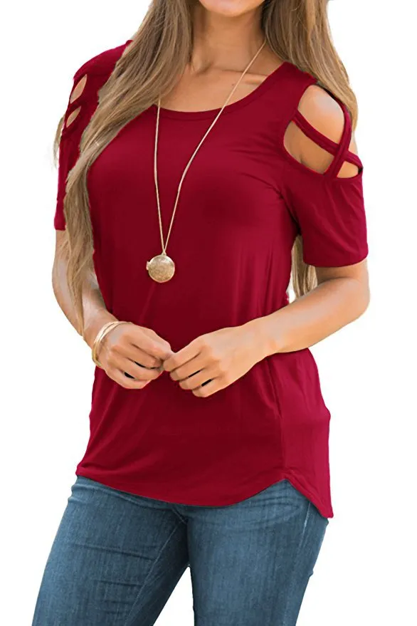 Mulheres Verão Manga Curta Strappy Ombro Frio T-Shirt Tops camiseta mulheres curto