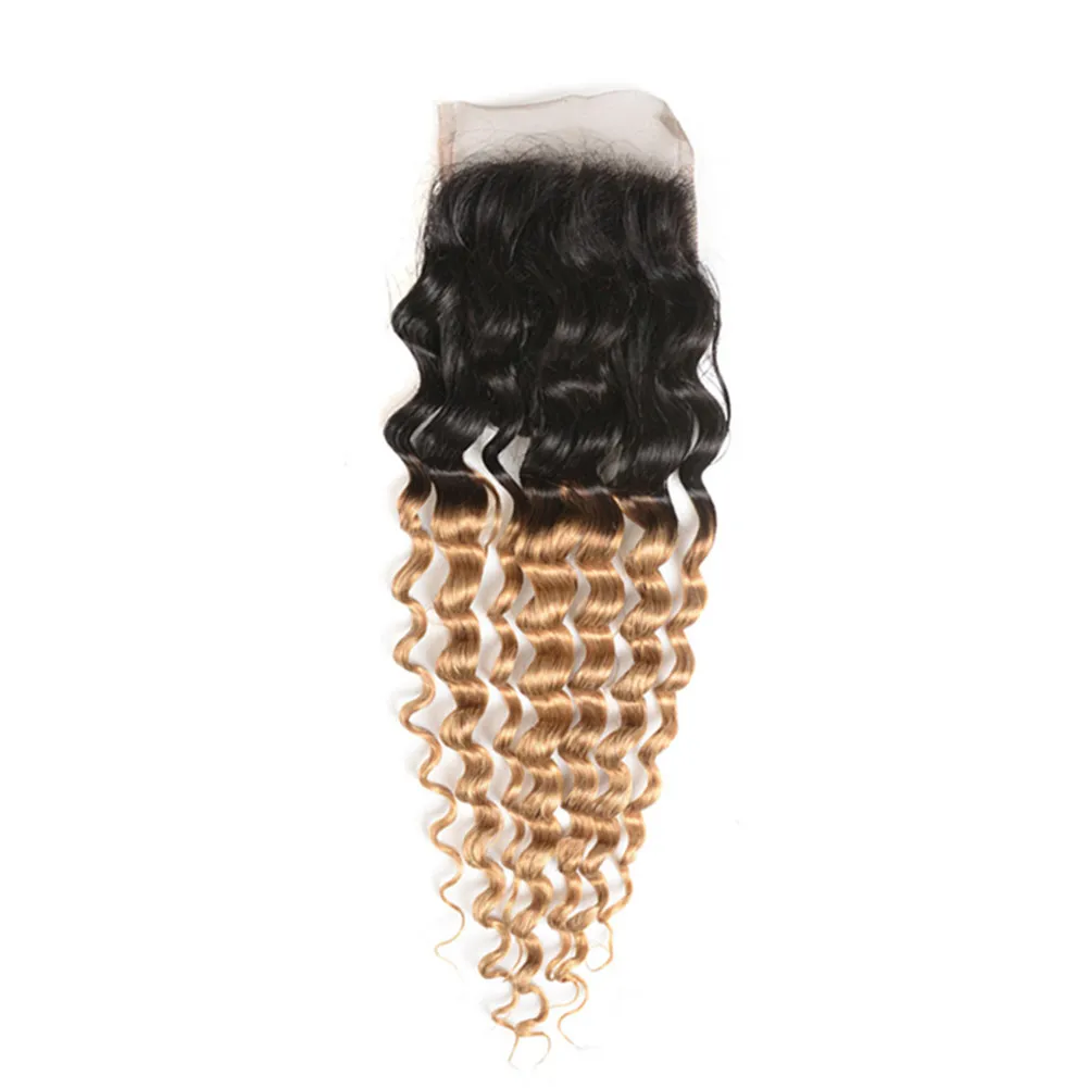 Deep Curly Brazilian Hair Weaves With Closure 44 Part Blonde Ombre 1B 27 Deep Wave Hair Bundles With Lace Closure9523696