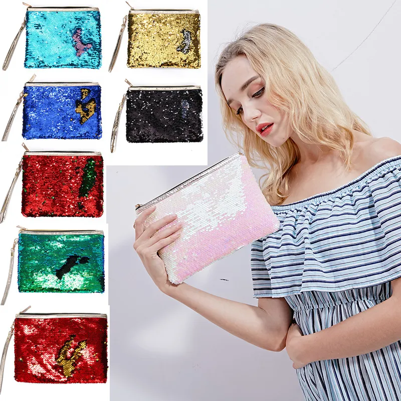 Women Cosmetic Makeup Bag Reversible Sequins Mermaid Glitter Handbag Evening Clutch Bag Wallet Purse Evening Party Bag