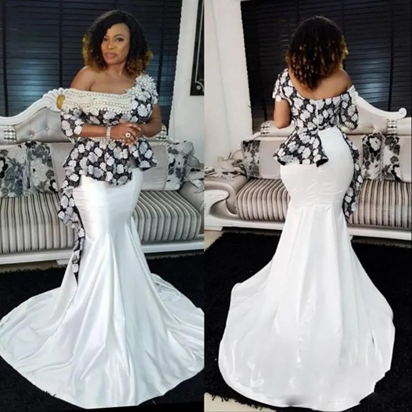 Off Shoulder Black And White African Print Prom Dress With Pearls