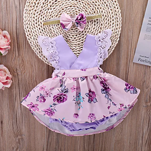 Mikrdoo Toddler Baby Girl Clothes Floral Dress Lace Ruffle Sleeve Romper With Headband Kids Irregular Clothing Outfit