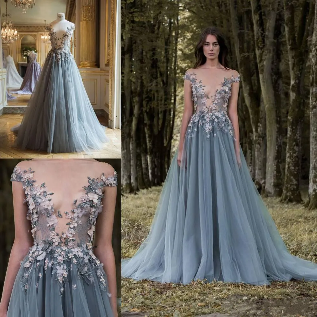 Paolo sebastian dentelle bal promane longue pure couture encolure 3D floral robe de soirée appliquée balayer train tulle perles robe formelle